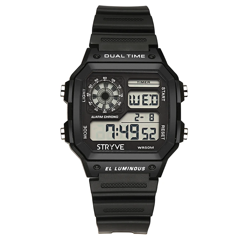 

STRYVE Waterproof Sport Watch LED Back Light 2019 Silicon Strap Date Alarm Watch Square Silicon Strap Black Watch for Man Gift