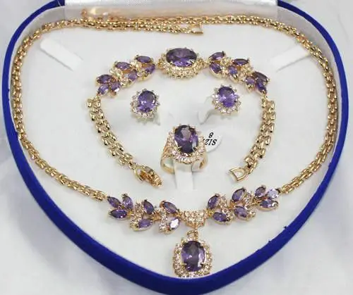 

18K Yellow Gold GP Inlay Purple Crystal Necklace Bracelet Earring Ring 1set AAA