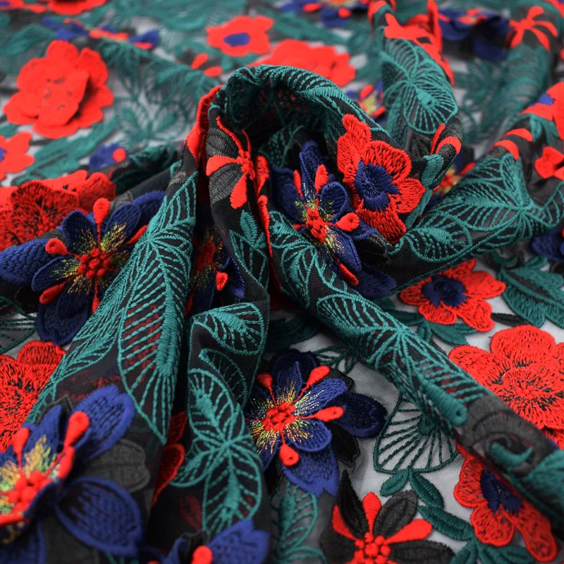 Однотонные красные цветы и зеленые листья Сетчатое вышитое кружево ткань для платья Базен riche getzner tissu telas por metro tissus DIY