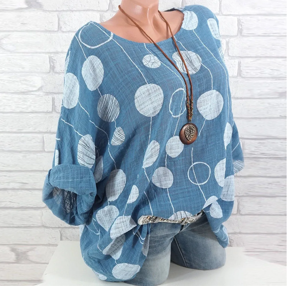 5XL Плюс большой размер женские блузки летние топы размера плюс с длинным рукавом О-образным вырезом в горошек Блузка пуловер Женские топы и блузки#5