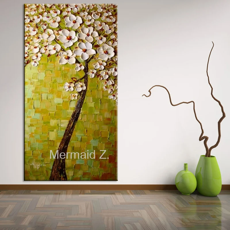 handmade long vertical paintings abstract wall oil paintings flower tree on canvas decoration