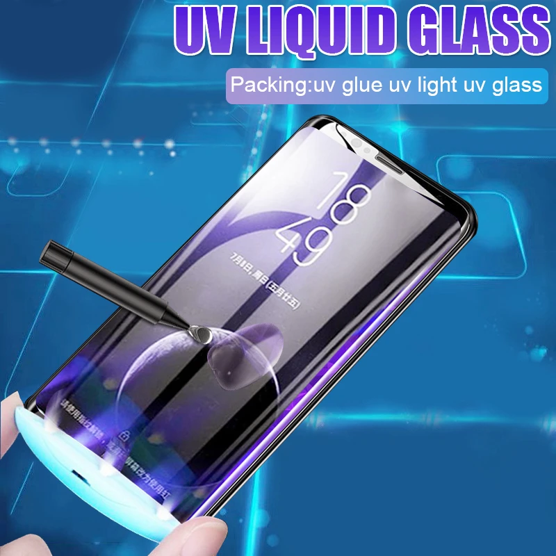 

UV Full Glue Screen Protector Film On The For Samsung Galaxy S8 S9 S10 Plus S10e Tempered Glass Note 8 9 Protective Glass + Tool
