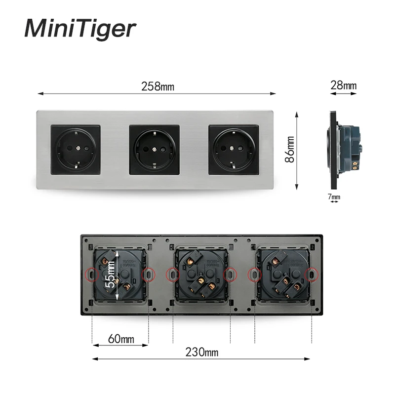 Minitiger панель из нержавеющей стали Двухстенная розетка 16A ЕС розетка+ женский ТВ Джек с RJ45 CAT5E Интернет порт серебро