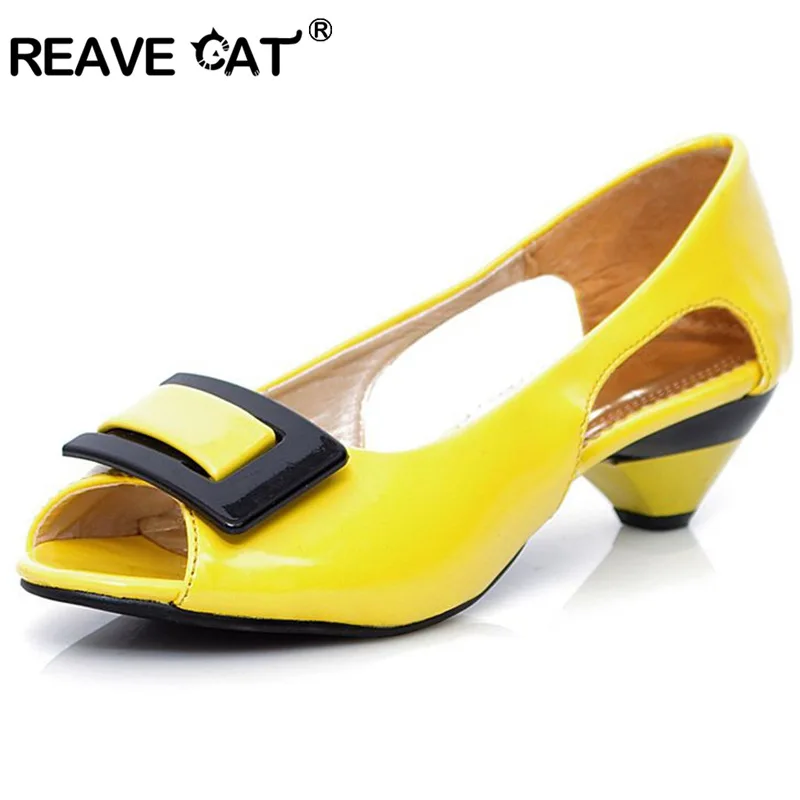 

REAVE CAT Plus size 31-43 Small Wedge Peep toe Multi color Summer Women sandals Flower Patent Open toe Cone heels Casual Flats