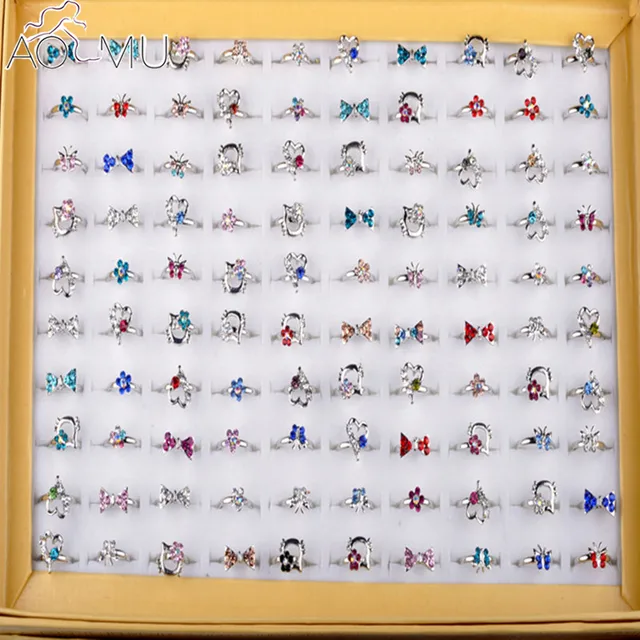AOMU Mix Lot 10pcs Kid Crystal Silver Rings for Girl Colorful Crystal Cartoon Ri AOMU Mix Lot 10pcs Kid Crystal Silver Rings for Girl Colorful Crystal Cartoon Ri