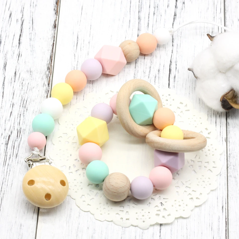 Baby Soother Clips, Silicone and Beech Wood Baby Pacifier Clips Chain, Wooden Holder Dummy Clip, Newborn Gift Chew Toy