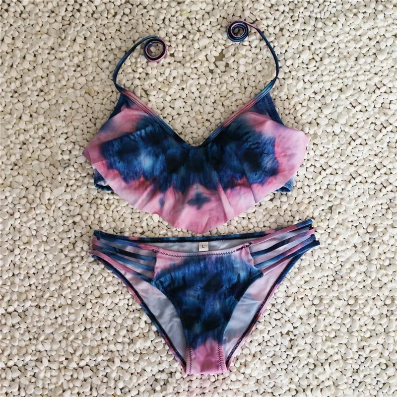 

Lace Up Separate Swimsuit Ruffle Off The Shoulder Triangle Swimwear Women Charming Patchwork Strappy Bathing Suit Two Piece 2019