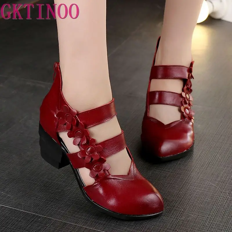 Gktinoo 2022 Ethnic Style Genuine Leather Women Sandals Med Heels Closed Toes Handmade Summer