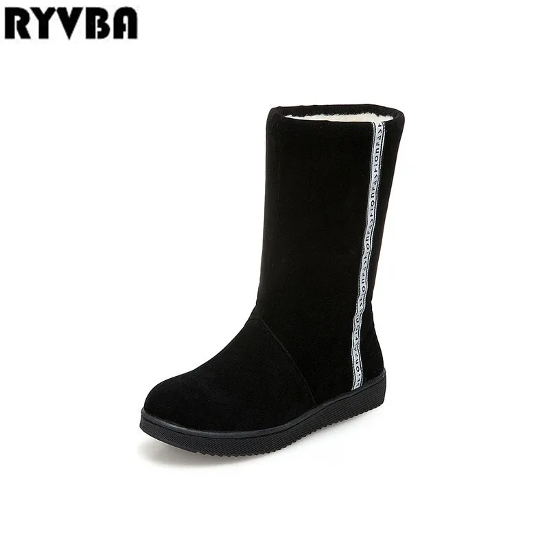 

RYVBA women black mid calf snow boots womens fashion suede flat winter warm plush boots 2019 round toe flats woman ladies shoes