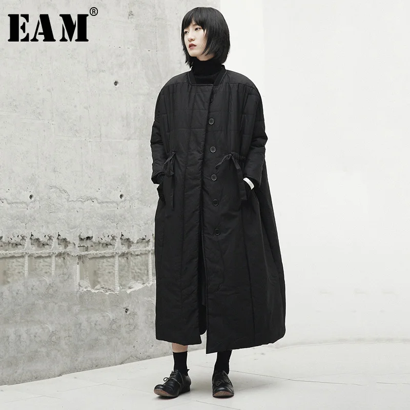 

[EAM] 2019 New Spring Stand Collar Long Sleeve Black Loose Drawstring Cotton-padded Coat Women Jacket Fashion Tide JI519