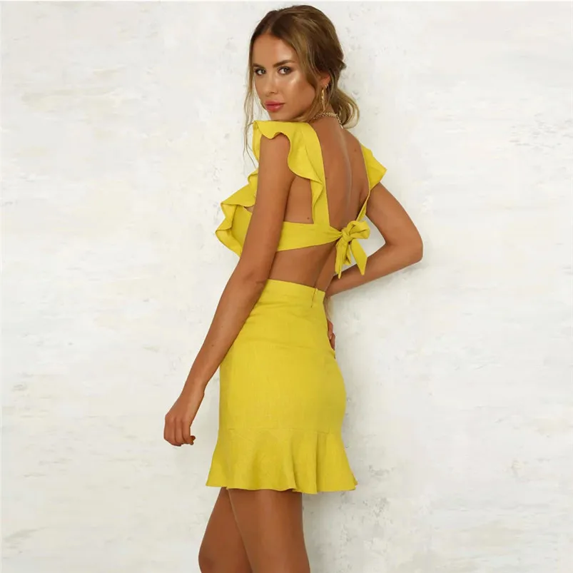 2018 HOT sell Dress summer beach dress Women Solid Short Sleeve Ruffles Backless Hollow Out Beach Boho Mini Dress vestido J08#N (30)