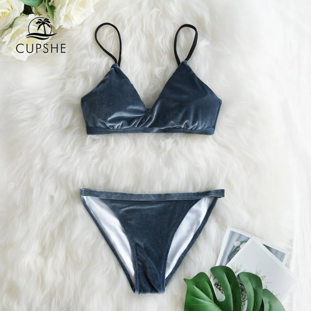 Günstig CUPSHE Silbrig Grau Samt Bikini Sets Sexy Low Unten Badeanzug Zwei Stück Bademode Frauen 2020 Mädchen Strand Badeanzüge