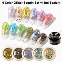 6 цветов для женщин ногтей набор пайеток зеркало блеск для ногтей косметическая пудра с герметик SK88