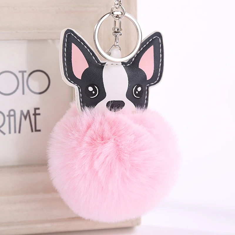 

Fluffy Rabbit Fur Ball French Bulldog Keychain Pompom Key Chain Pu Leather Animal Dog Keyring Holder Bag Charm Trinket Chaveiros