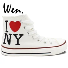Вэнь мужская женская обувь с ручной росписью дизайн пользовательские я люблю Нью-Йорк белые высокие парусиновые кроссовки Рождественский подарок на день рождения