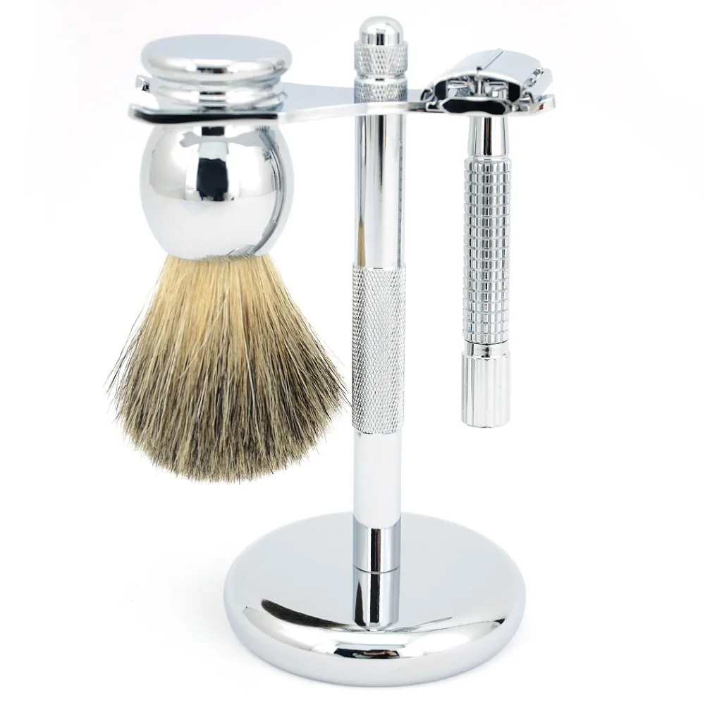 ZY Double Edge Butterfly Safety Razor Set + BADGER Hair Shaving Brush+ Stainless Steel Razor