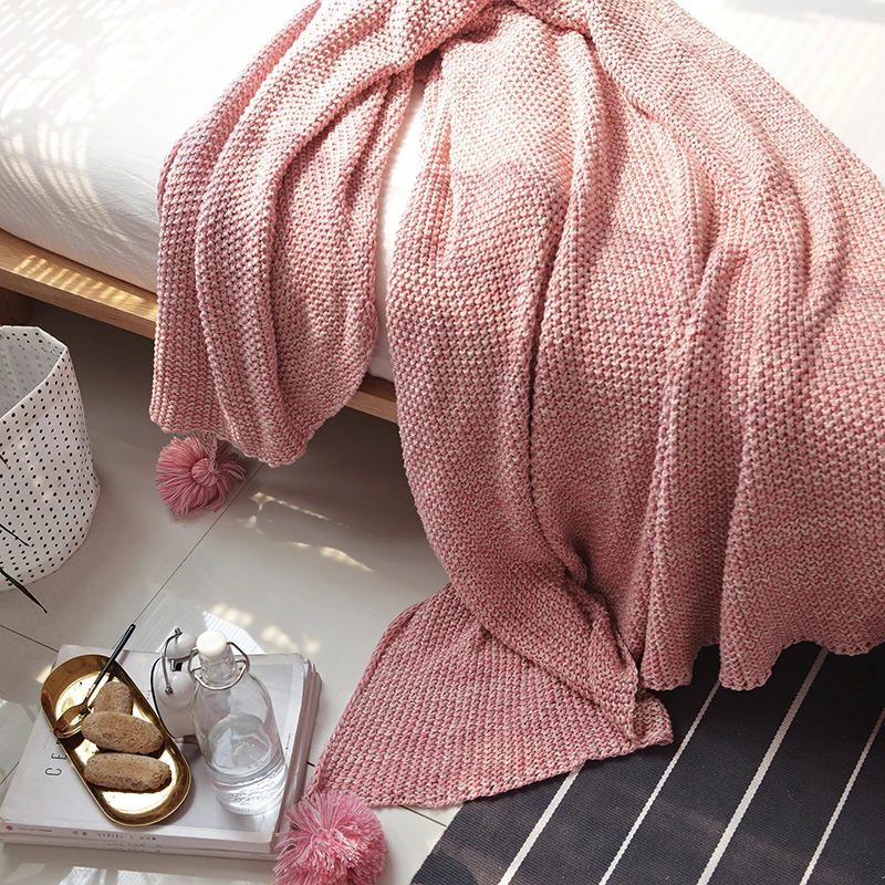 

100% cotton solid pink blankets for bed adult sofa chunky knit weighted throw knitted blanket fur ball Bedspread
