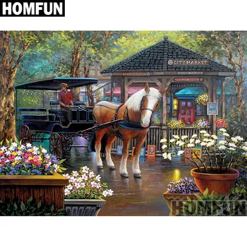 

HOMFUN 5D Diamond Pattern Rhinestone Needlework Diy Diamond Painting Cross Stitch "City Market" Diamond Embroidery A00765