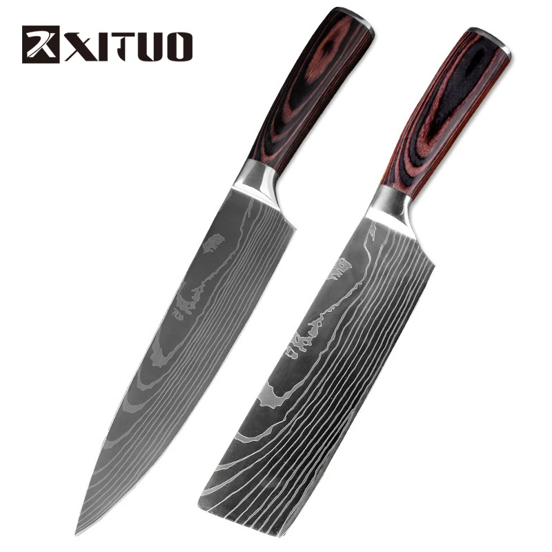 

XITUO 7+8" inch Chef Knife 7CR17 High Carbon Stainless Steel Pattern Kitchen Knife 2 PCS Set Utility Knife Cut Meat Cleaver Tool