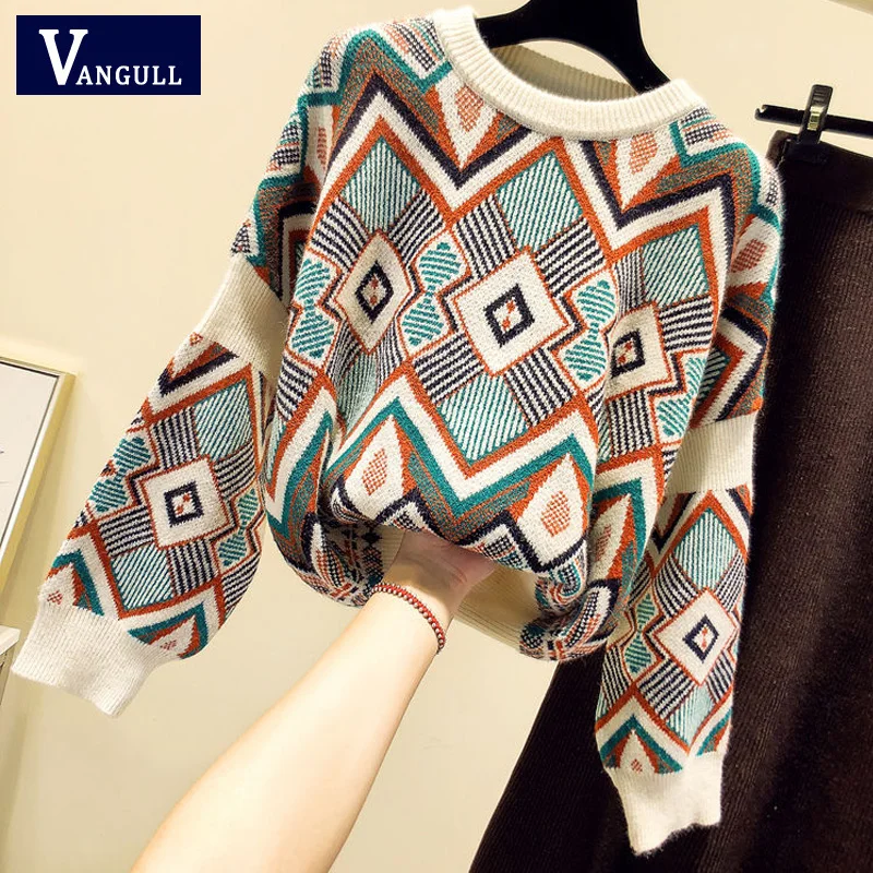 

VANGULL high quality Sweater Spring Autumn Loose Knitted Sweater Geometric Embroidery Pullover Women O-Neck Sweater female Tops