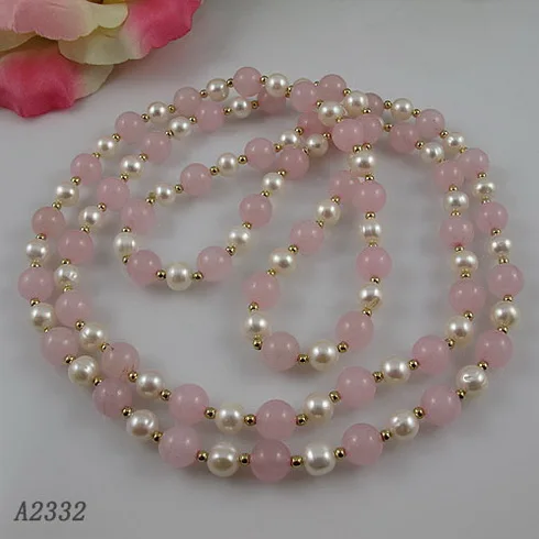 

Terisa Pearljewelry Perfect White Color AA 7-8MM Freshwater Pearl Necklace Rose-Quarze Natural Stone 120cm Fashion Lady's Gift