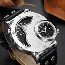 Oulm Новый часы для мужчин серебристый корпус Dual Time Zone Мужской Спорт Кварцевые часы повседневное PU ремешок для часов для мужчин