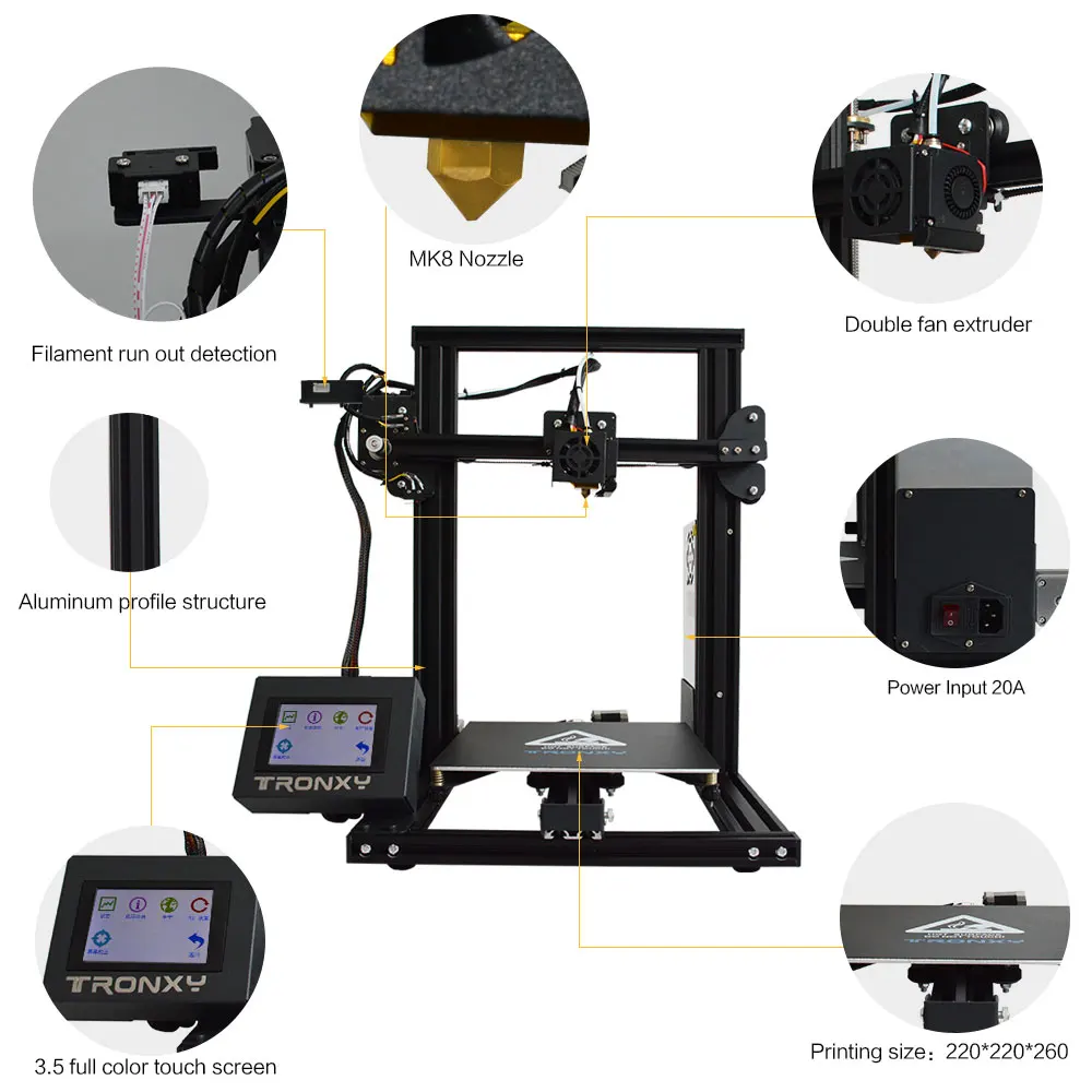 Tronxy XY-2 быстрая сборка полностью металлический новейший 3d принтер 220*220*260 мм высокая печать Магнитная Тепловая бумага 3,5 дюймов сенсорный экран