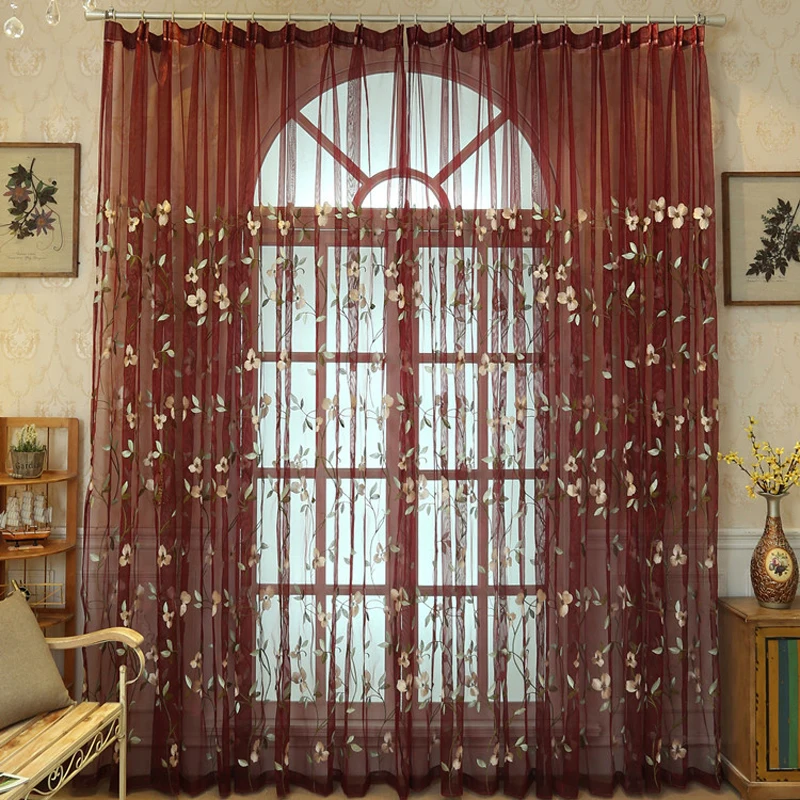 Azul Cortina de tul bordado para sala de estar cortinas de cocina ventana cortinas Panel Sheer vino rojo Sheer Tulle Cortina WP274-30