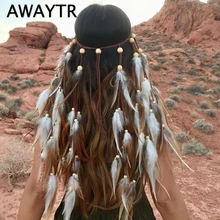 AWAYTR Fashion Boho Feather Headband for Woman Festival Hair Accessories Peacock Feather Turban Ladies Adjust Hairband