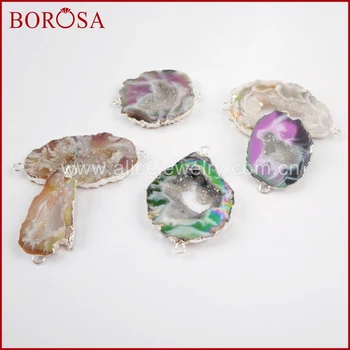 

BOROSA Silver Color Titanium AB Color Crystal Druzy Slice Connector for DIY Bracelet,Fashion Gems Connector Double Bails S1453