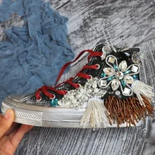 Весенне-осенние парусиновые высокие кроссовки со стразами и бусинами, женская обувь на плоской подошве, черная дышащая повседневная обувь на шнуровке, wk146