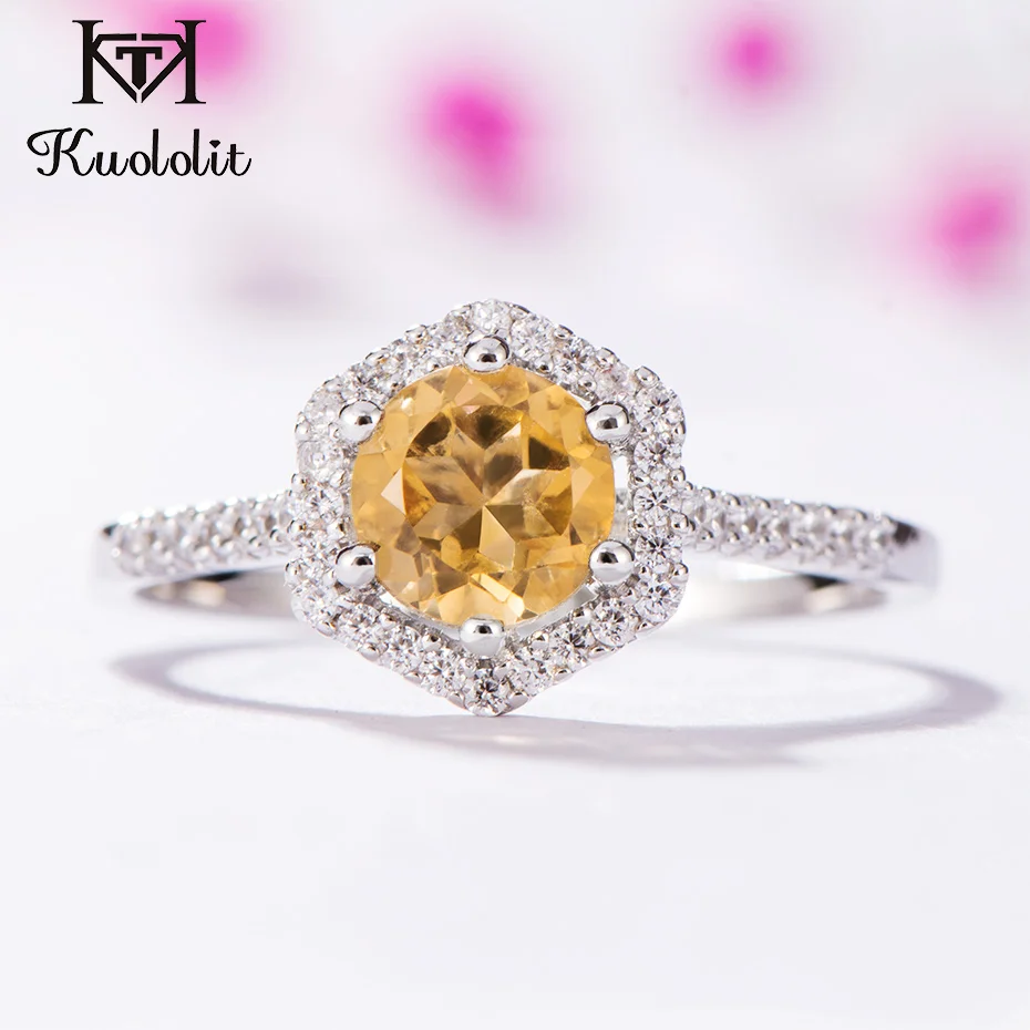 

Kuololit Natural Citrine Gemstone Rings for Women 925 Sterling Silver Round Cut Stone Ring Wedding Engagement Gift Fine Jewelry