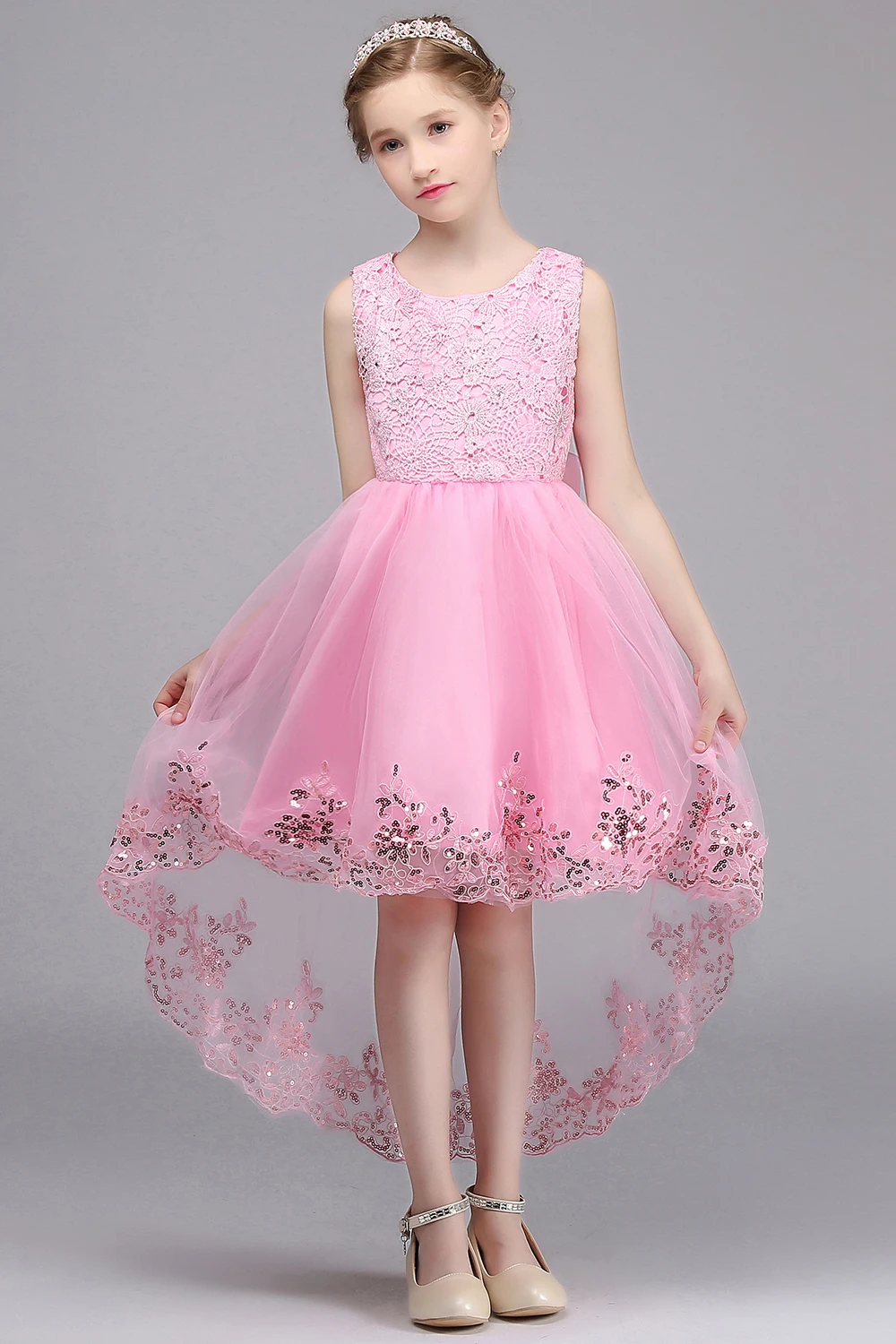 Симпатичные розовые кружевные платья с цветочным узором и блестками для девочек Тюлевые платья для выпускной церемонии Бальное платье для детей Нарядные платья для девочек