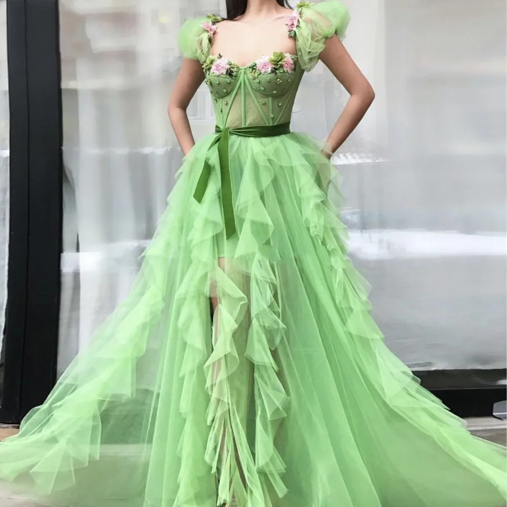 

Bright Green Evening Dresses Pretty 3D Floor Short Off The Shoulder Sleeves Beads Ruffles A-line Prom Gowns Abendkleider 2019