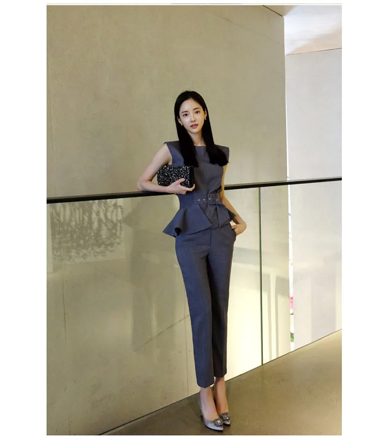 Fashion Style Women Business Suits Formal Office Suits Work Ruffle Decoration Top With Pantyhose Print Pants Suit Women (1)