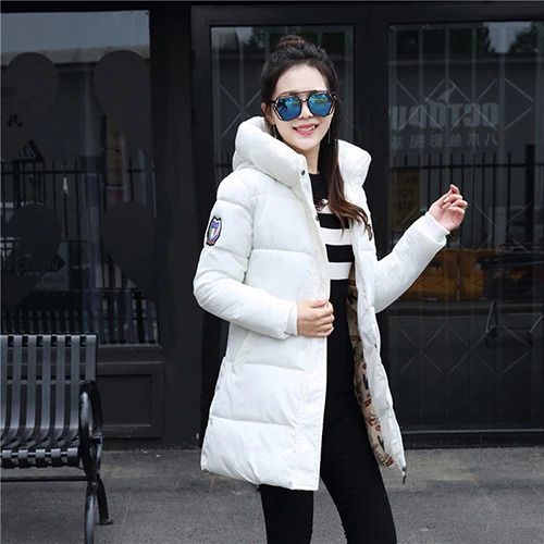 Хлопковые зимние пальто для женщин, модные теплые длинные женские парки, элегантные белые с капюшоном и карманами, Толстая Женская куртка, пальто, новинка, MDR117 - Цвет: White