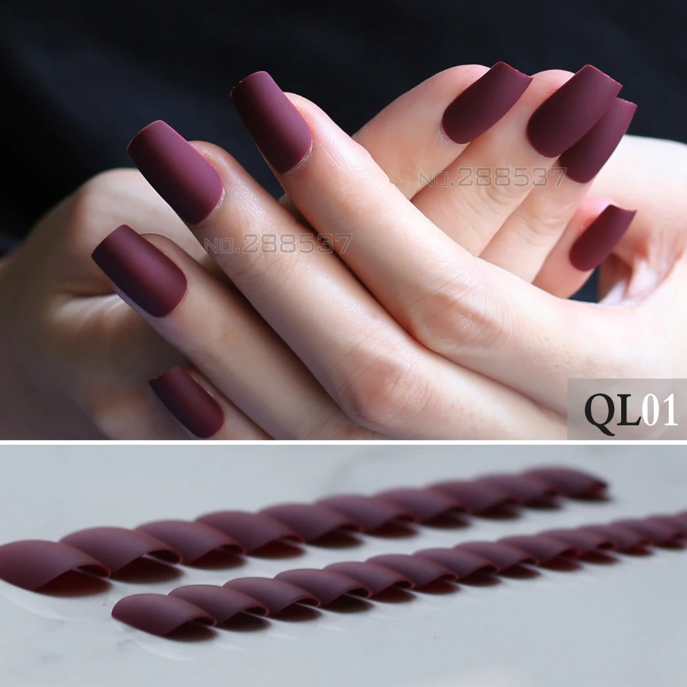 

24pcs Full sets Matte fake nails long Square DIY Shaping Red wine false nail soft Burgundy natural Vampire color lifelike black