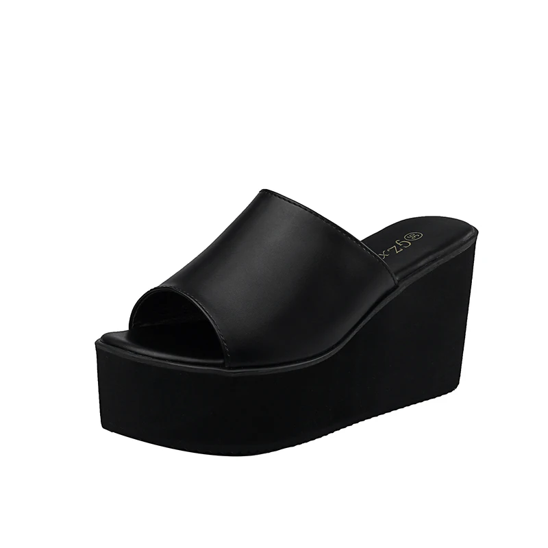 Женская обувь на платформе; летние шлепанцы; zapatos mujer; женские шлепанцы на танкетке; обувь на высоком каблуке; босоножки; цвет белый, черный; обувь высокого качества - Цвет: black PU