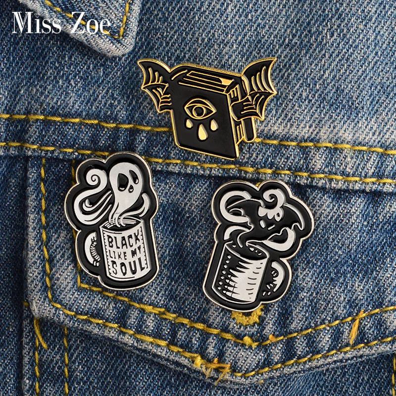 

3pcs/set Magical Book Wings Coffee Ghost Devil Batty Enamel Pins Badge Lapel Brooches Jewelry Decorated for Shirt Denim Jeans