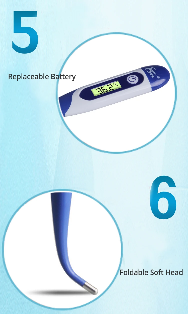 Многофункциональный термометр с мягкой головкой для домашнего использования, цифровой ЖК-экран, водонепроницаемый звуковой сигнал, сменный аккумулятор, складной датчик