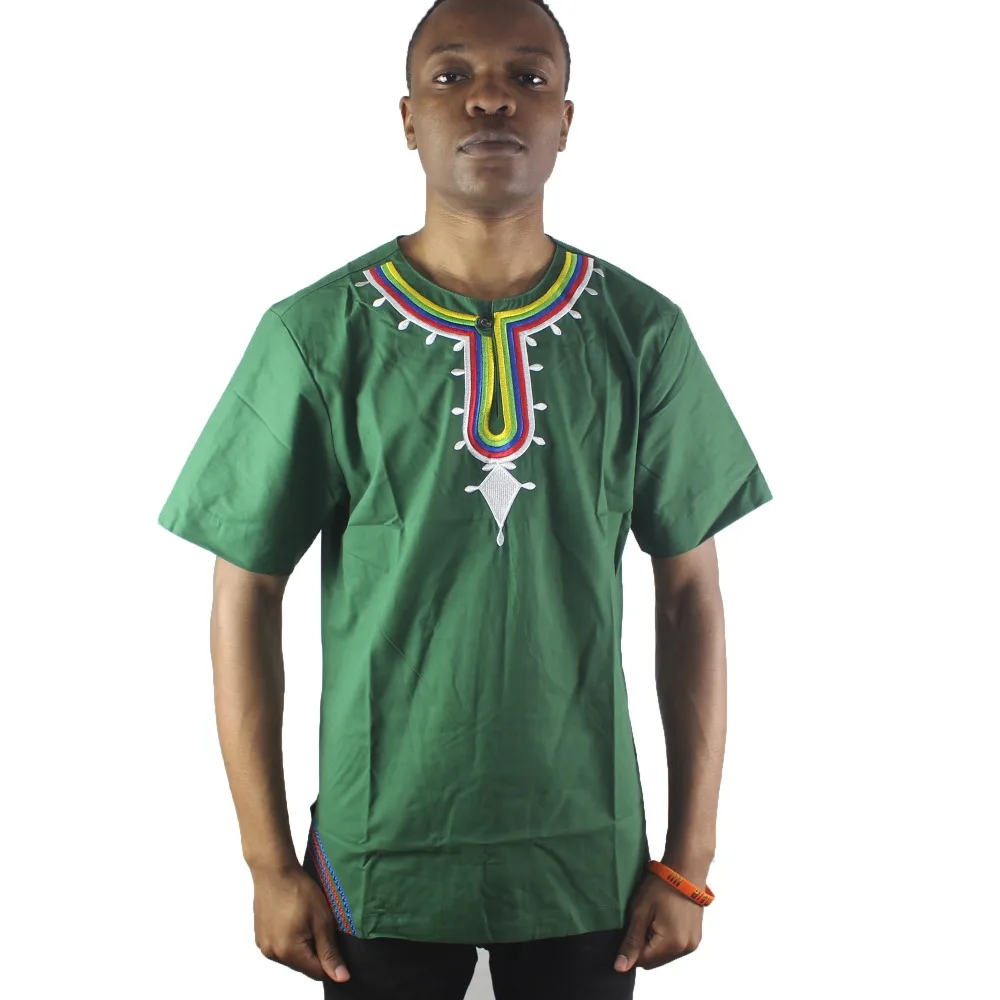

Africa Green Men`s Embroidery Ethnic Tops Summer Wear Male`s Henley Shirts
