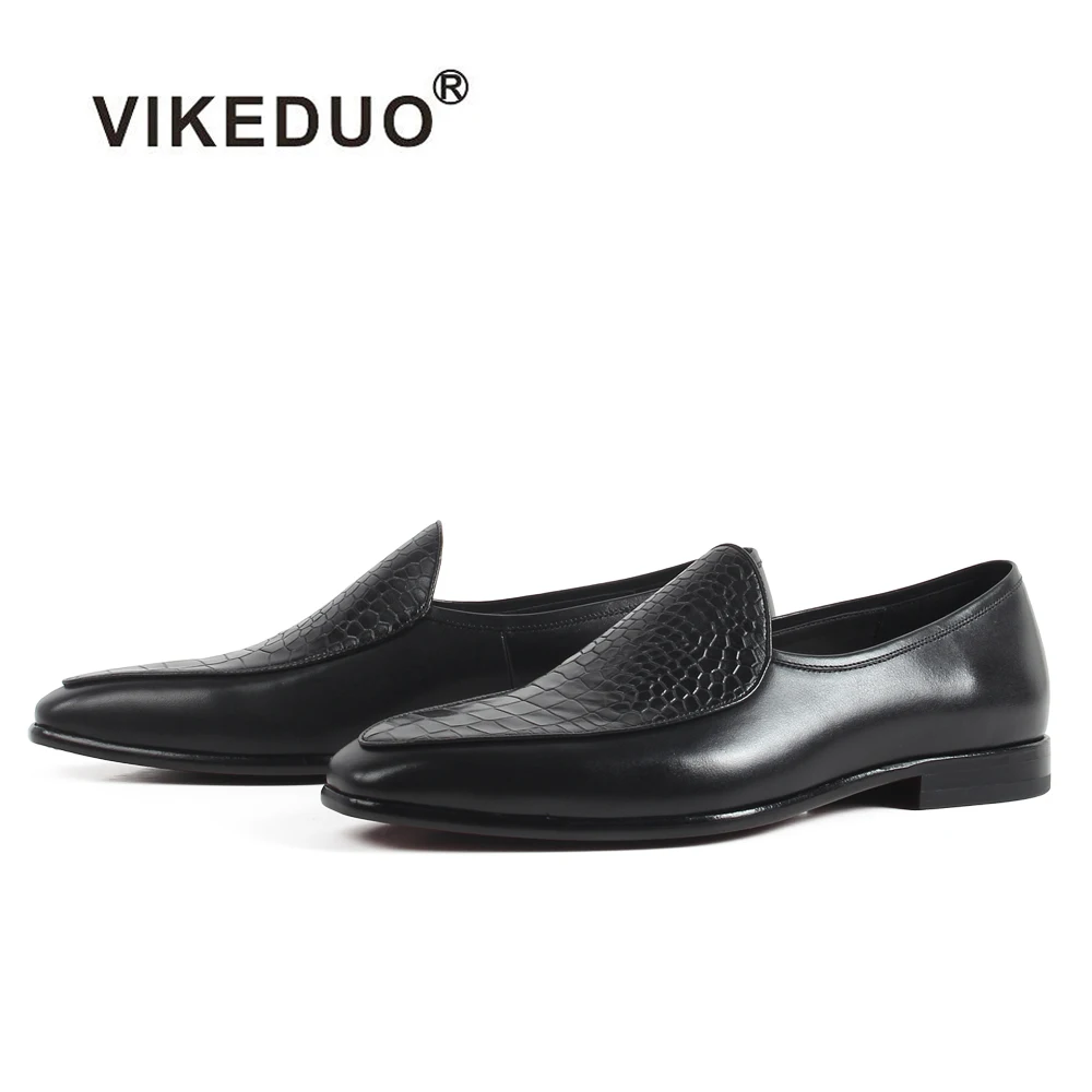 

VIKEDUO 2019 New Men's Slip On Loafers Shoes Black Plaid Cow Leather Shoe Male Patina Footwear Blake Bespoke Zapatos de Hombre