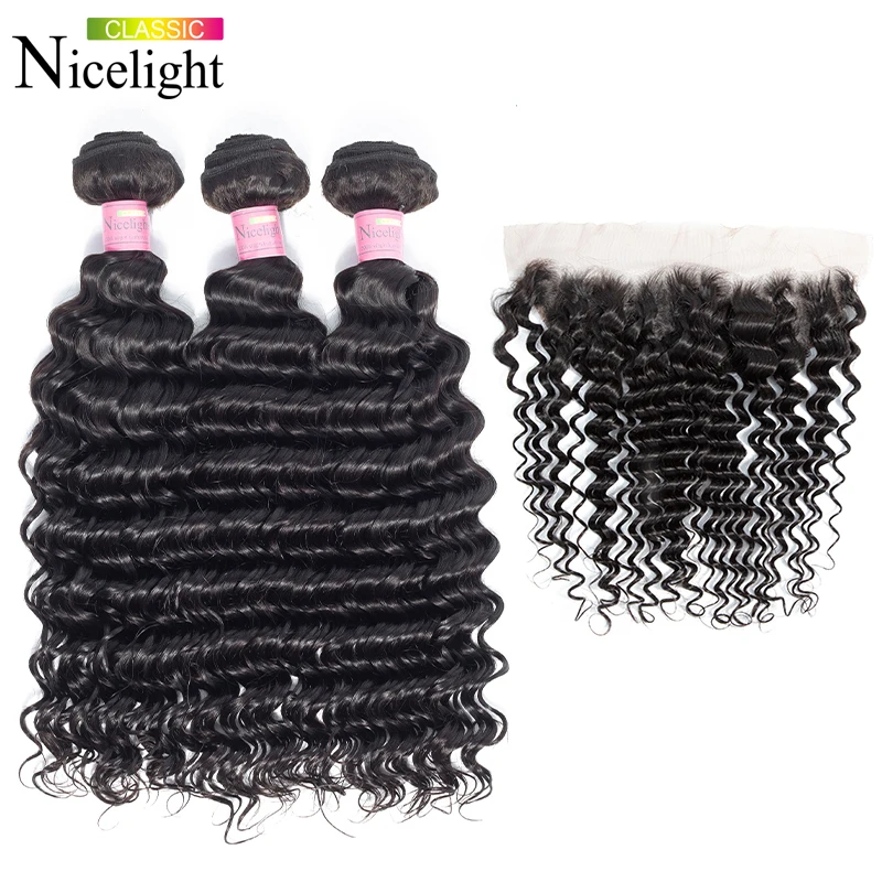 

Indian Deep Wave Huamn Hair 13X4 Lace Frontal And 3 Bundles With Frontal Nicelight Bundles With Lace Frontal Pre Plucked Hair