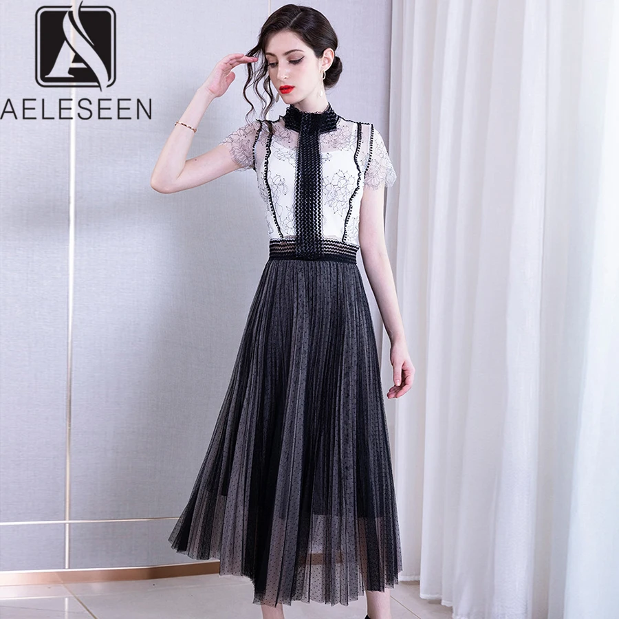 

AELESEEN High Street Runway Twinsets Women 2019 Summer Luxury Lace Top + Draped Mid-Calf Skirt Office Casual Suits Floral Set