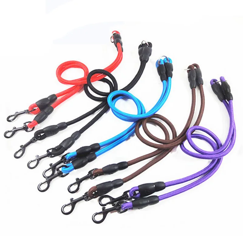 

2 Way Pet Dog Nylon Coupler Leash No-Tangle Walking Double Lead Leashes For Two Small Dogs Black Red Blue Purple Colors