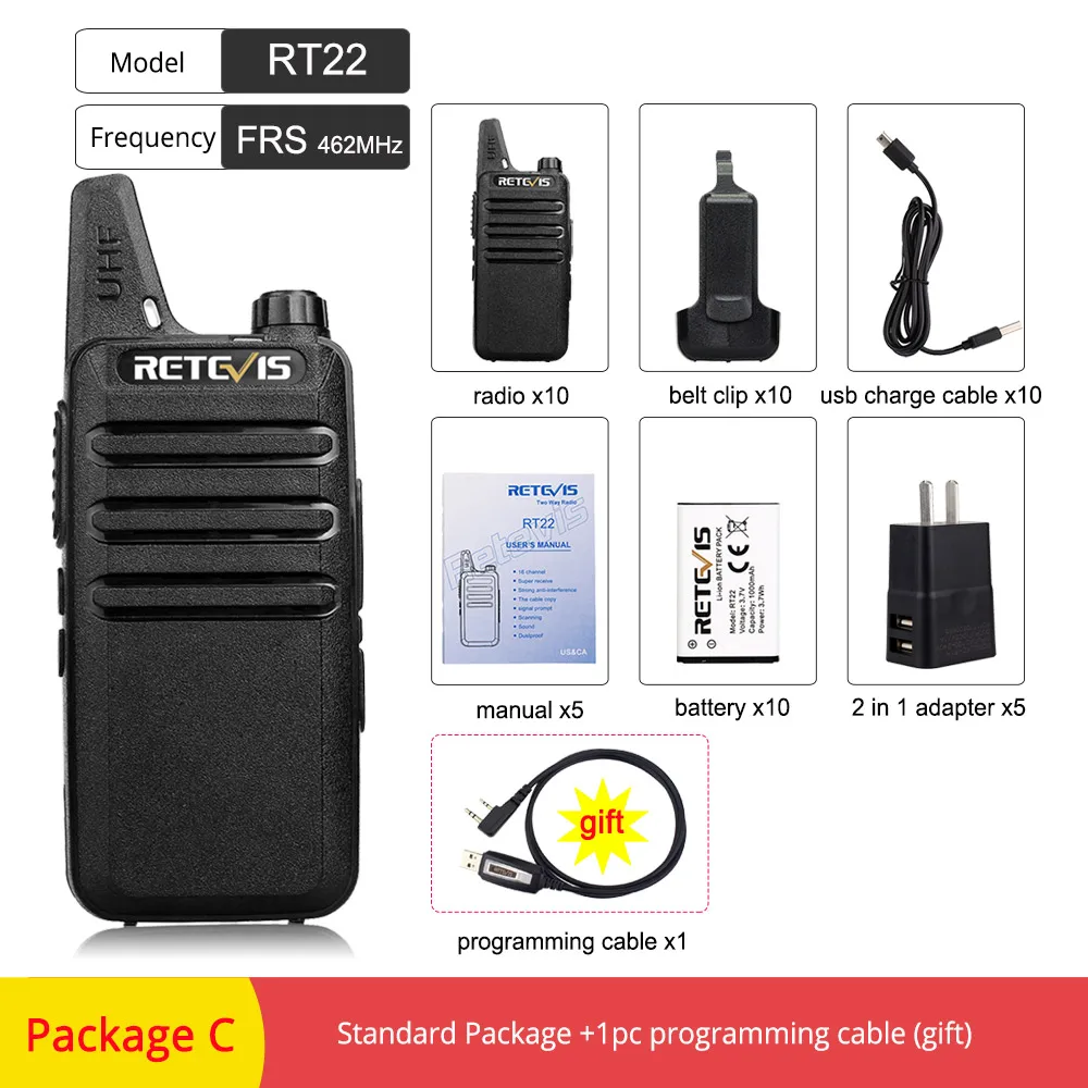 10 шт. дешевые PMR Walkie Talkie Retevis RT622/RT22 PMR446 UHF FRS VOX Handsfree usb зарядка перезаряжаемая Двусторонняя радио Woki Toki - Цвет: FRS RT22--Package C