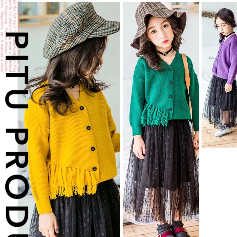 WOTTAGGA 2019 Spring Girls Fashion Knitted Cardigan Tassel Solid Toddler Sweater Girls V-neck New Arrivals