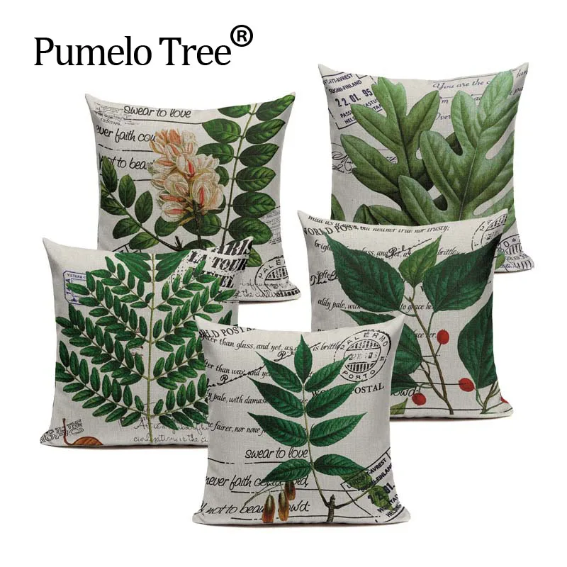 cheap Retro Linen Cotton Tropical Vintage American monstera Green Leaves Almofadas 45Cmx45Cm Home Decor Sofa Handmade Pillow Cover