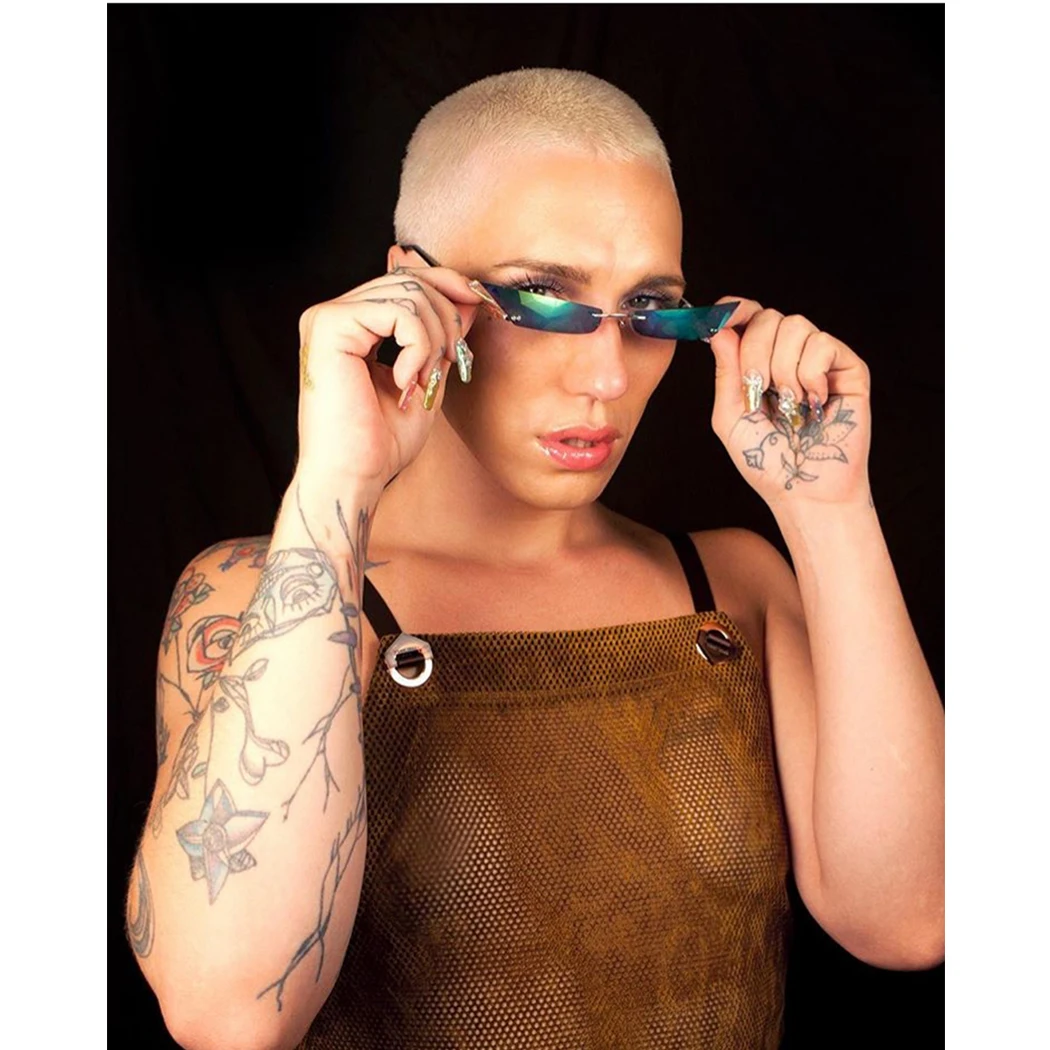

Brand Designer Cateye Sunglass Shade New Fashion Futuristic Rimless Mirror Sunglasses Women Men Small Narrow Polygon Sun Glasses