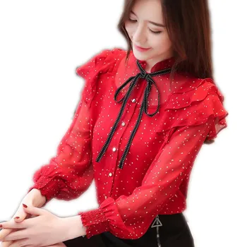

Women Blouses 2018 Spring Summer Chiffon Women Short Blouses Sweet Ruffles Long Sleeve Shirts Female Lace-Up Girls Tops CQ2815
